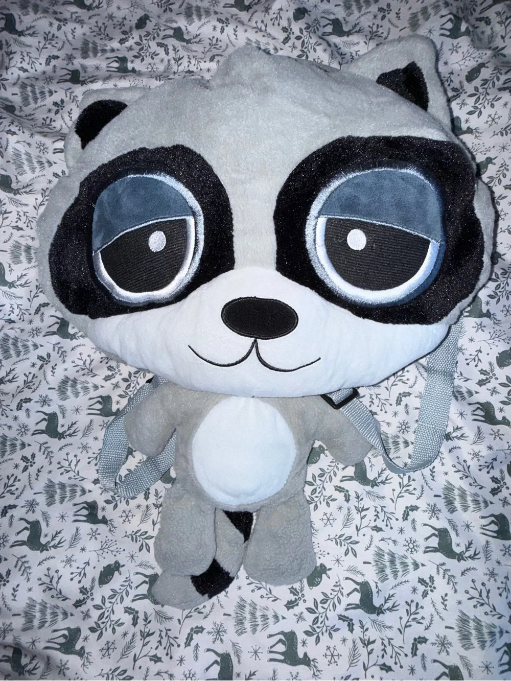Gray and White Raccoon Plush Backpack
